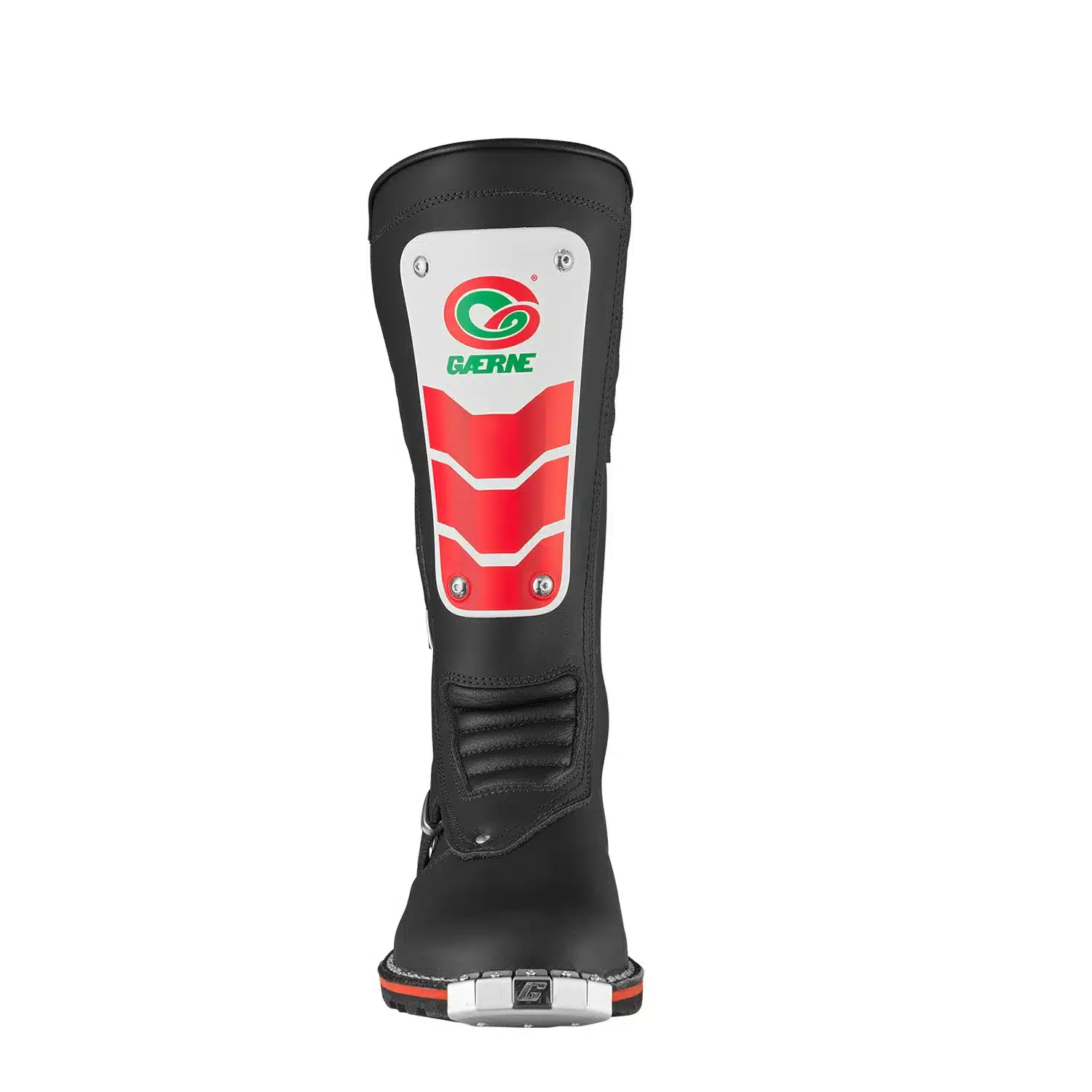 Motocross-Stiefel GMX MACH 80 BLACK in schwarzem Leder mit roter Frontplatte, Stahlkappe und markantem Design, frontal abgebildet.