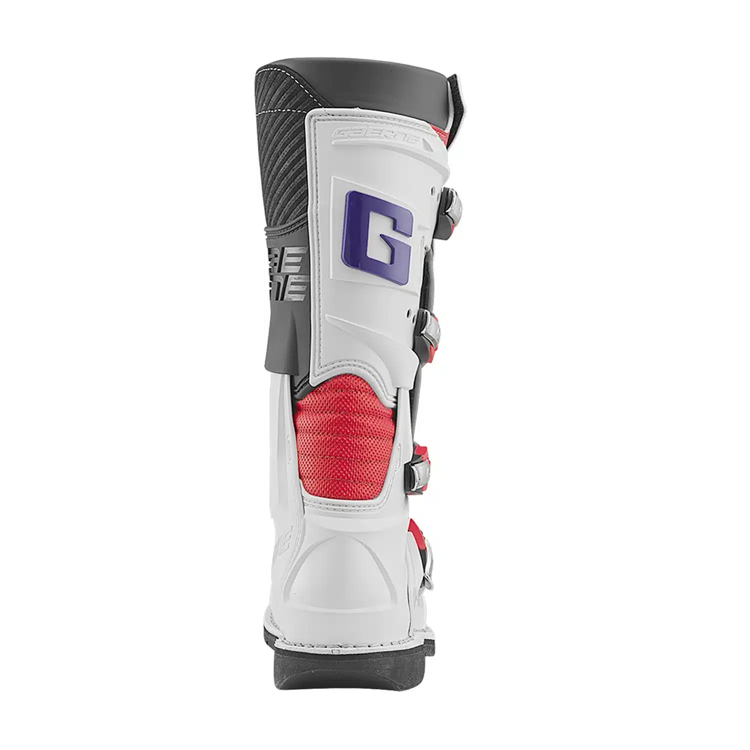 Rückansicht eines weißen, roten und lila Motocross-Stiefels GXJ für junge Fahrer mit anatomischer Schienbeinplatte und robusten Schnallen