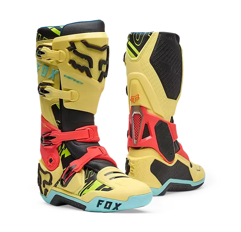 FOX Instinct Elevated Motocross-Stiefel in der limitierten Farbvariante Lemonade, mit auffälligem Design und robusten Schnallen.