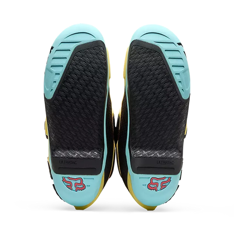 Sohlen der Instinct Elevated Motocross-Stiefel mit farbigen Elementen und Fox-Logo, Lemonade Farbedition