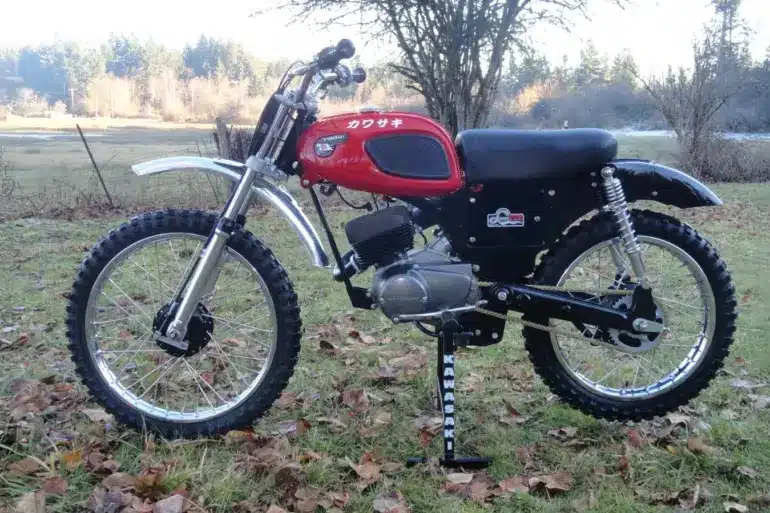 Seitenansicht einer roten Kawasaki F2 175 aus dem Jahr 1967 auf einer Wiese, Offroad-Bereifung, klassisches Design