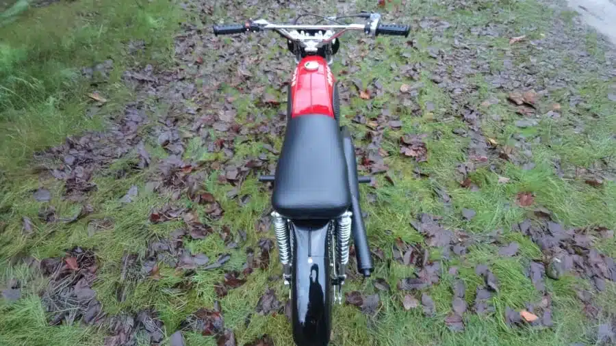 Kawasaki F2 175 von oben fotografiert, stehend auf Laub und Gras