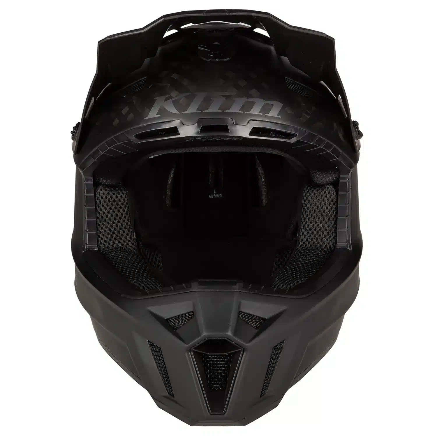 KLIM F3 Carbon Offroad-Helm in schwarzer Ausführung von vorne mit sichtbarem Innenfutter und Lüftungsöffnungen.