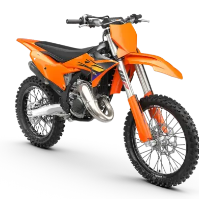 KTM 125 SX 2026 in oranger Verkleidung mit schwarzen und violetten Akzenten, seitliche Ansicht im Stand.