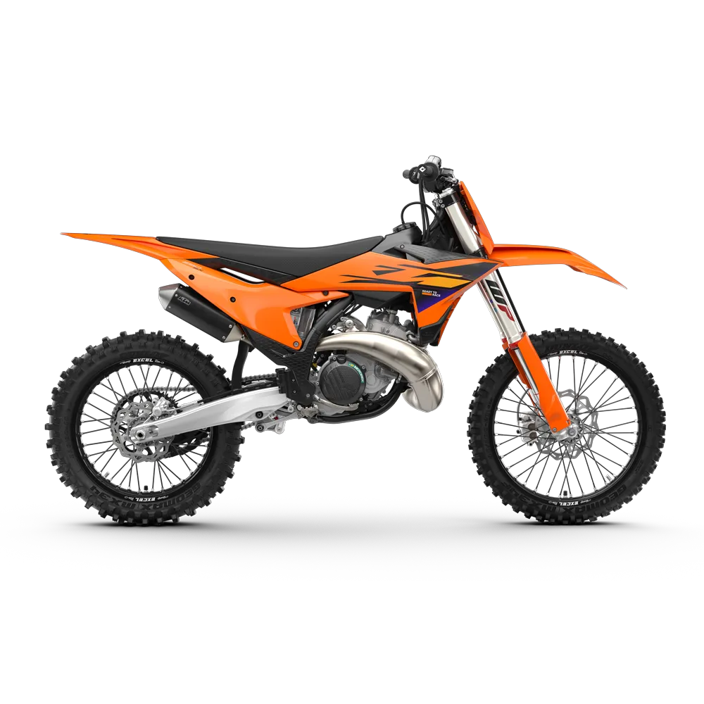 KTM 250 SX 2026 Motocross-Motorrad in orange mit schwarzem und violettem Dekor, Seitenansicht