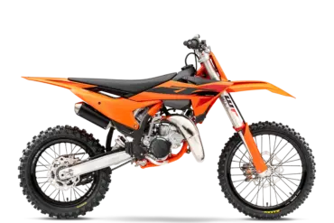 Seitenansicht der KTM 85 SX 19/16 2026, ein modernes Jugend-Motocross-Motorrad in Orange.
