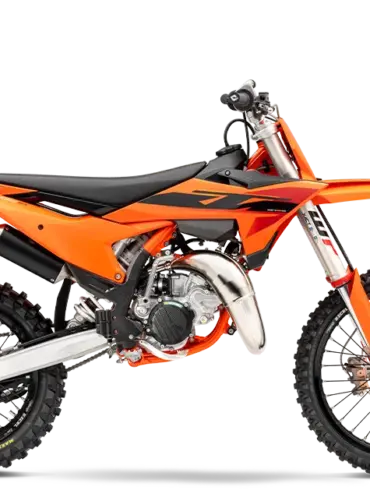Seitenansicht der KTM 85 SX 19/16 2026, ein modernes Jugend-Motocross-Motorrad in Orange.