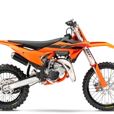 Seitenansicht der KTM 85 SX 19/16 2026, ein modernes Jugend-Motocross-Motorrad in Orange.