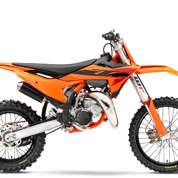 Seitenansicht der KTM 85 SX 19/16 2026, ein modernes Jugend-Motocross-Motorrad in Orange.