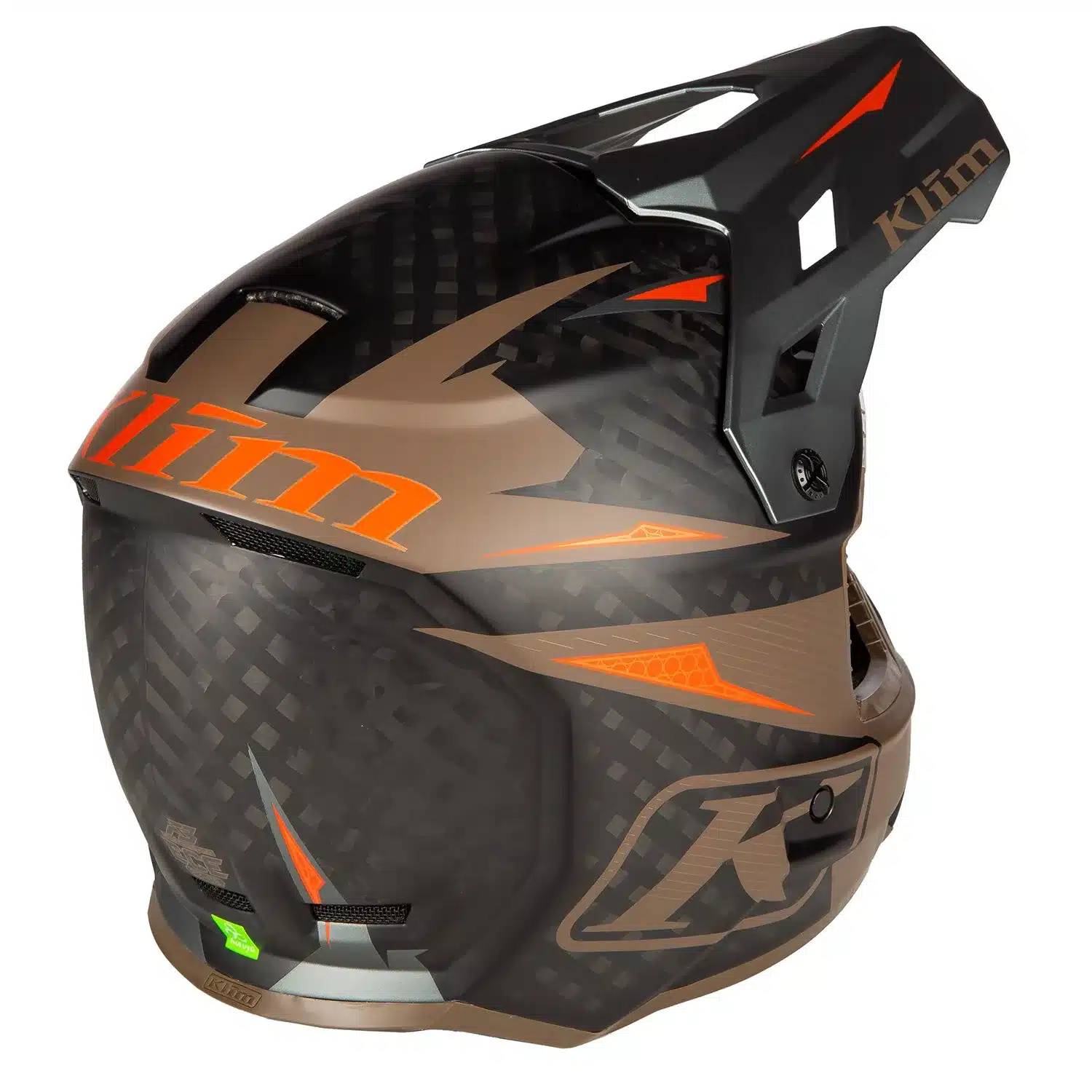Rückansicht eines KLIM F3 Carbon Pro Helms mit mattem Carbon-Look, orangenen Designelementen und großem Visier.