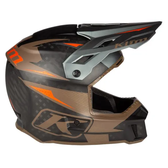 KLIM F3 Carbon Pro Helm aus Carbonfaser mit orangenen und bronzefarbenen Details, große Augenöffnung und peak Visier