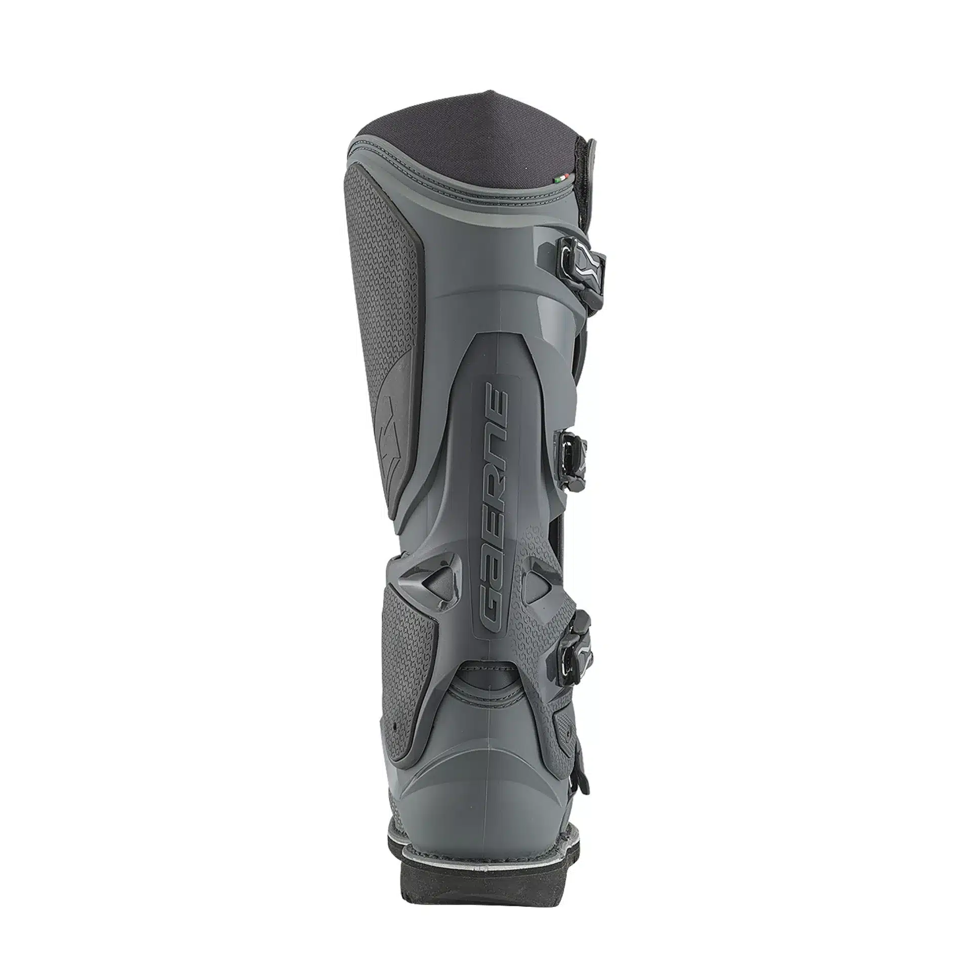 Rückansicht eines grauen Gaerne SG22 GORE-TEX Enduro Motorradstiefels mit markantem Schutz und Verschlusssystem.
