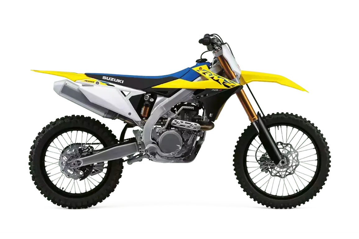 Seitenansicht der Suzuki RM-Z450 Motocross-Maschine, 2024er Modell, gelb-blaues Dekor