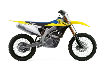 Seitenansicht der Suzuki RM-Z450 Motocross-Maschine, 2024er Modell, gelb-blaues Dekor