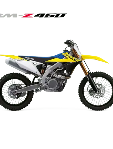 Seitenansicht der Suzuki RM-Z450 Motocross-Maschine, 2024er Modell, gelb-blaues Dekor