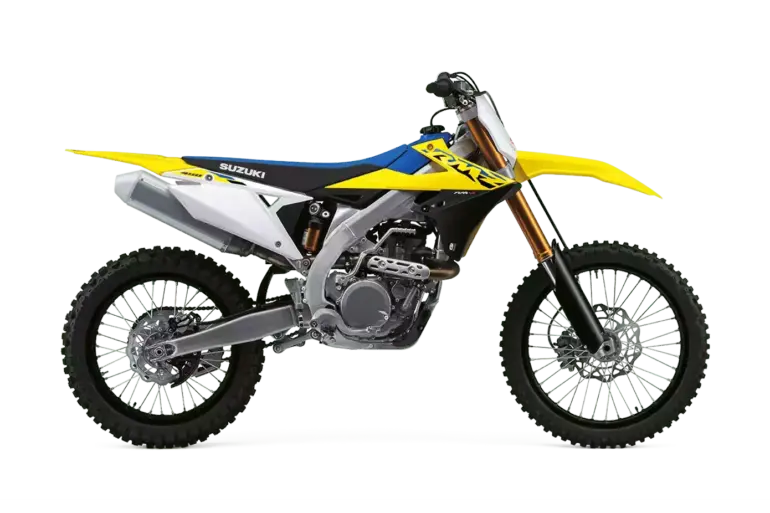 Seitenansicht der Suzuki RM-Z450 Motocross-Maschine, 2024er Modell, gelb-blaues Dekor