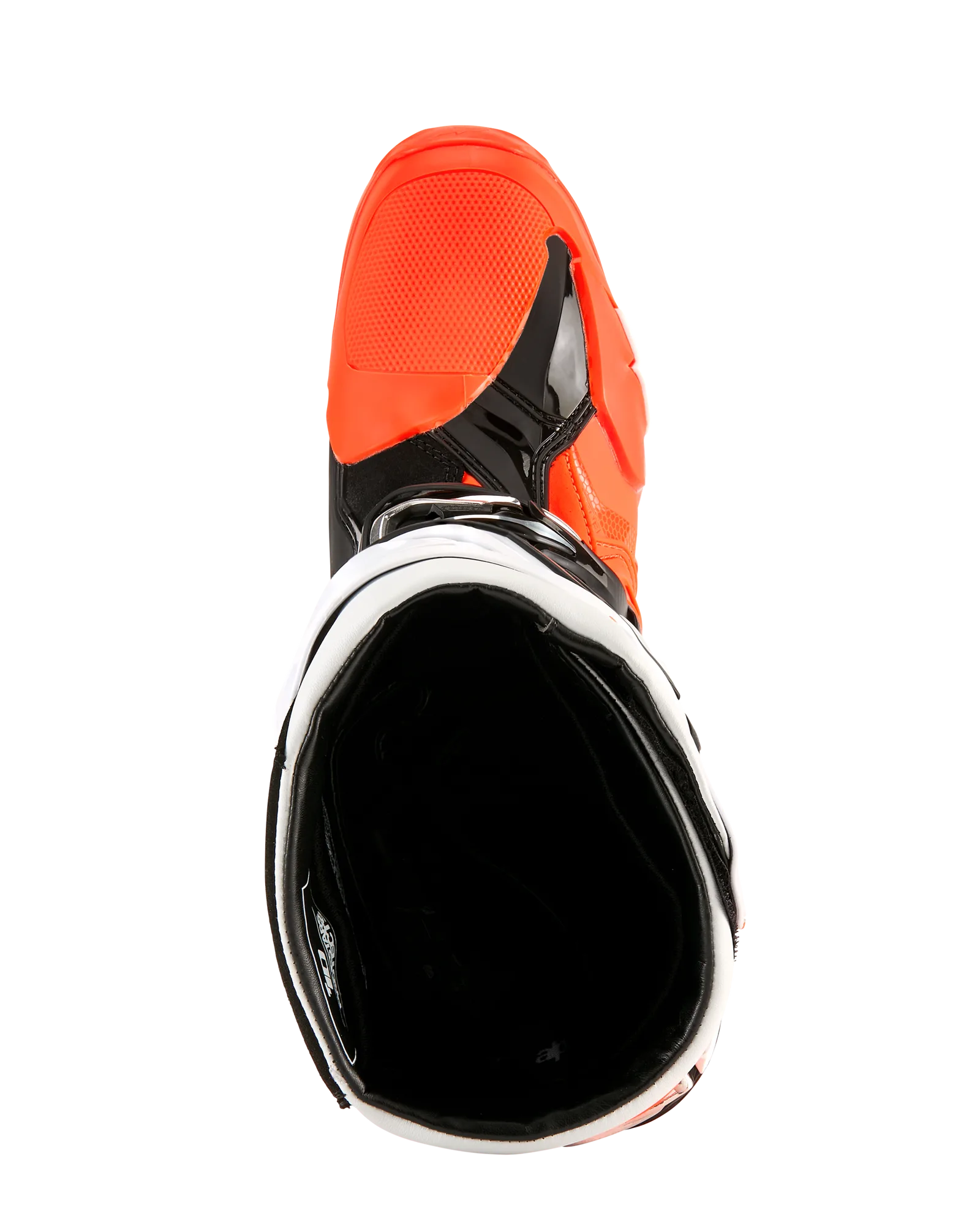 Ansicht des Alpinestars Tech 10 Enduro-Stiefels von oben, betont Zehenschutz und Schaftöffnung.