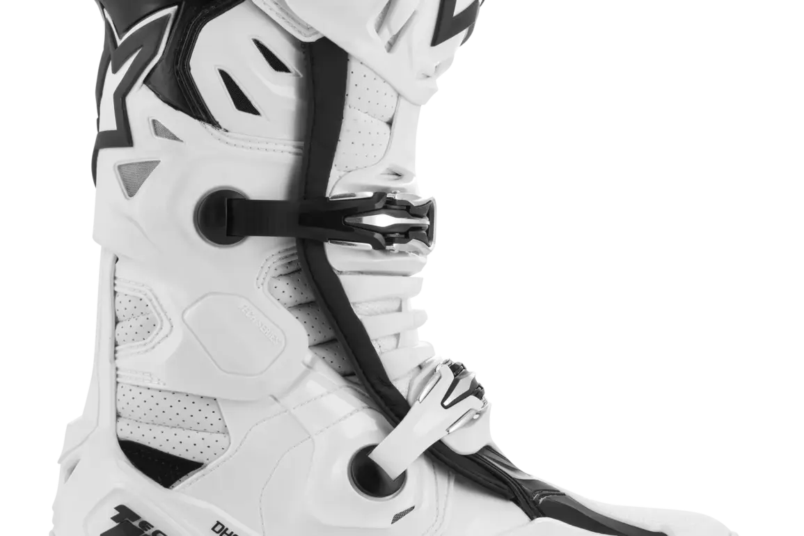 Alpinestars Tech 10 Supervented Stiefel, weiß, mit Belüftungsöffnungen und Schnallen, Moto-Cross-Stiefel, Seitenansicht