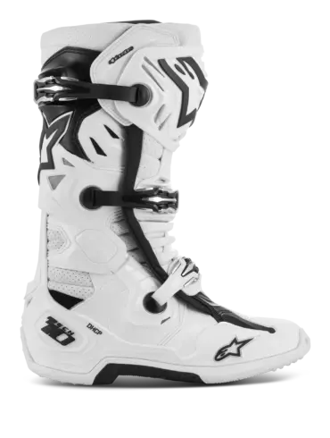 Alpinestars Tech 10 Supervented Stiefel, weiß, mit Belüftungsöffnungen und Schnallen, Moto-Cross-Stiefel, Seitenansicht