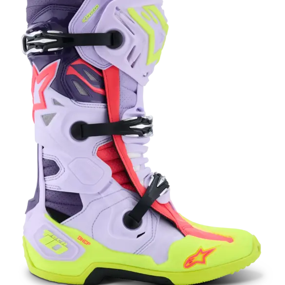 Alpinestars Tech 10 Supervented Motocross-Stiefel in Lila, Gelb-Fluo und Pink, seitliche Ansicht