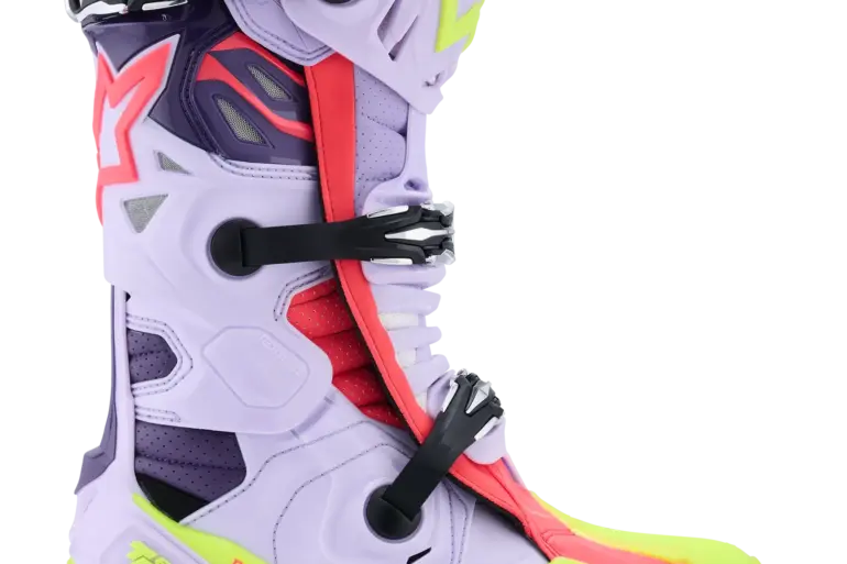 Alpinestars Tech 10 Supervented Motocross-Stiefel in Lila, Gelb-Fluo und Pink, seitliche Ansicht