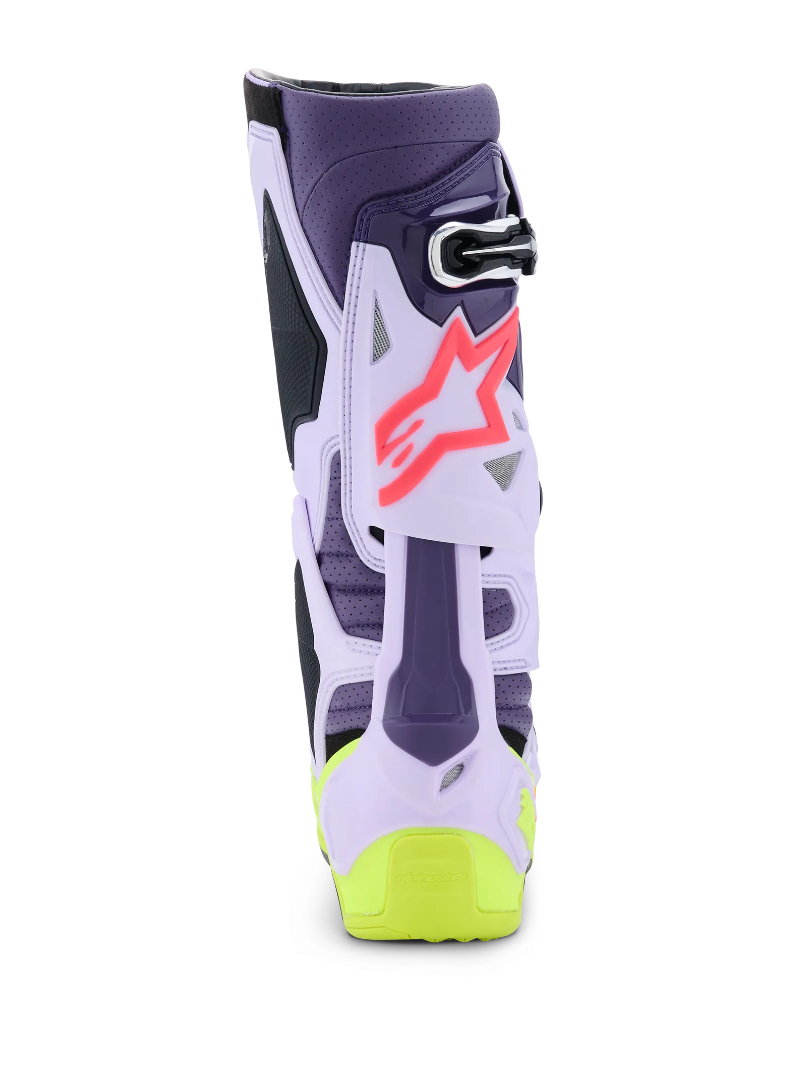 Tech 10 Supervented Motocross-Stiefel von Alpinestars in Lila, Gelb und Pink mit ausgeprägtem Belüftungssystem und markantem Logo.