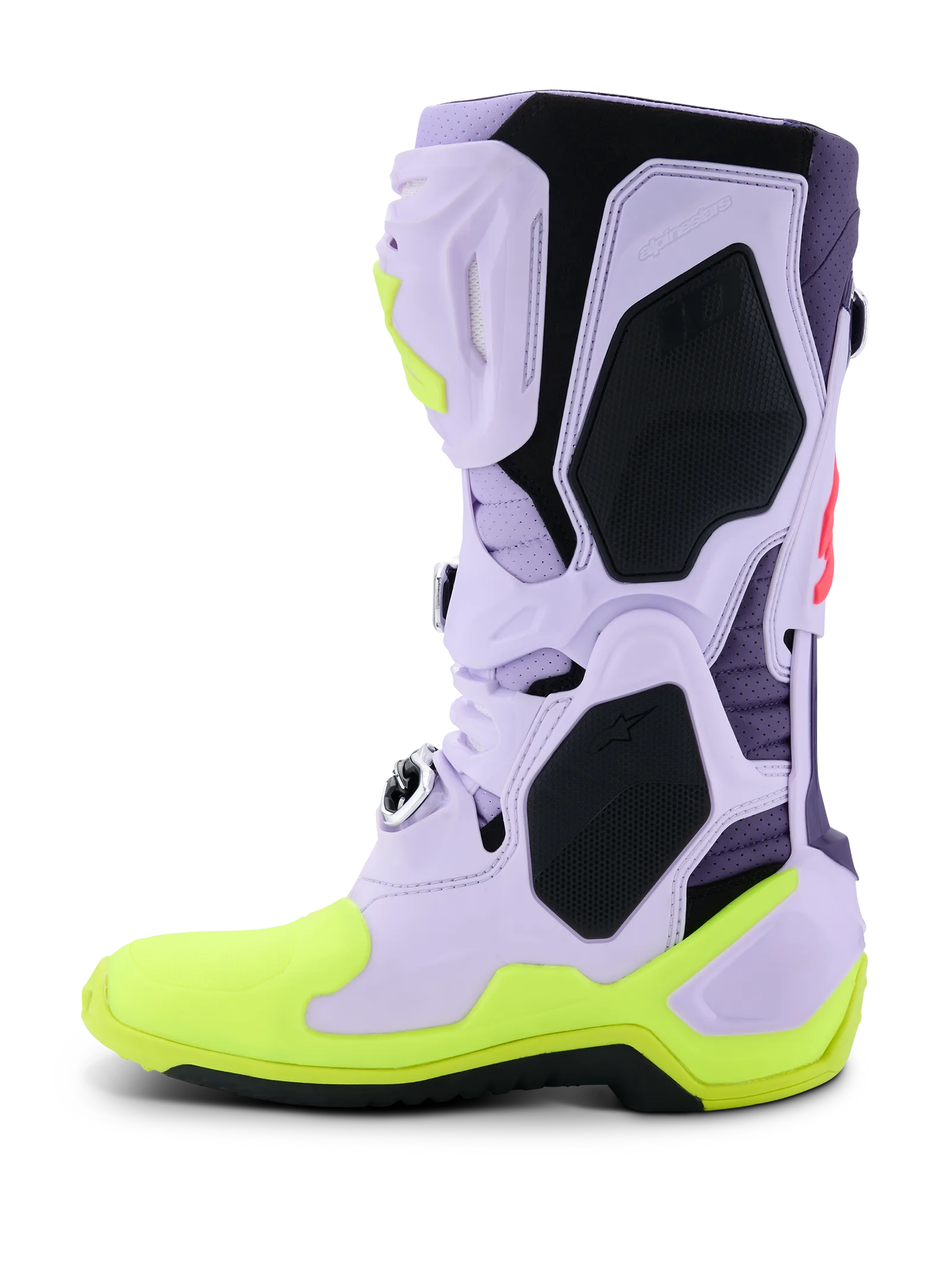 Tech 10 Supervented Motocross-Stiefel in lila, gelb und pink mit speziellen Belüftungselementen und robustem Schutz.