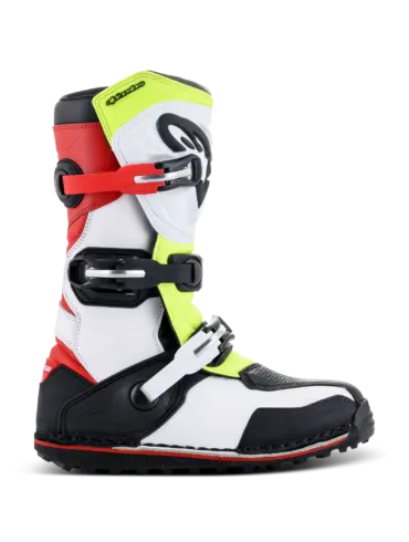 Technischer Offroad-Stiefel Alpinestars Tech-T mit drei Schnallen, TPU-Schienbeinplatte und griffiger Sohle in Weiß, Rot und Gelb Fluo