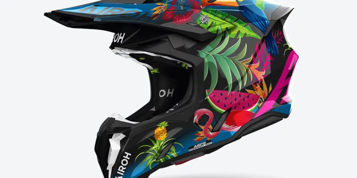 Airoh TWIST 3 AMAZONIA Motorradhelm mit farbenfrohen tropischen Motiven in Seitenansicht