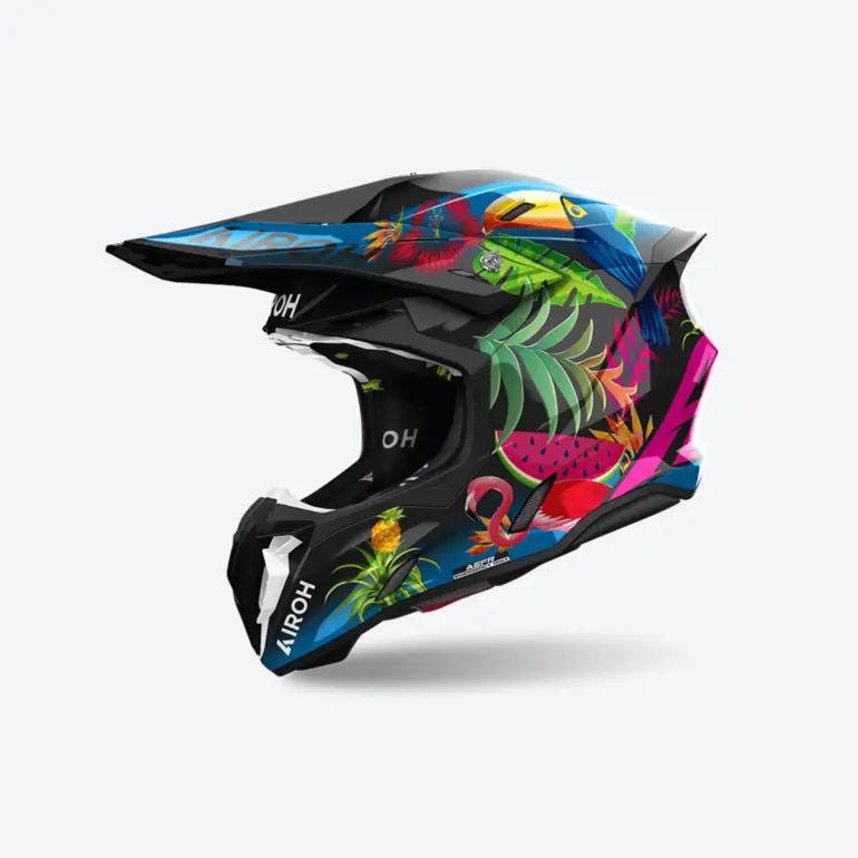 Airoh TWIST 3 AMAZONIA Motorradhelm mit farbenfrohen tropischen Motiven in Seitenansicht