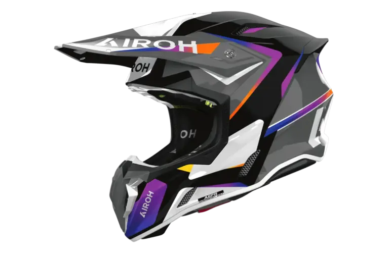 Offroad-Helm Airoh TWIST 3 HUSTLE in schwarzer, weißer und bunter Ausführung, Seitenansicht.