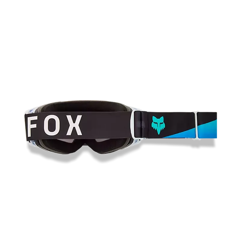 Vue Spire Mirrored Lens Goggle von hinten mit Fox-Logo und blauem Farbakzent auf dem Brillenband