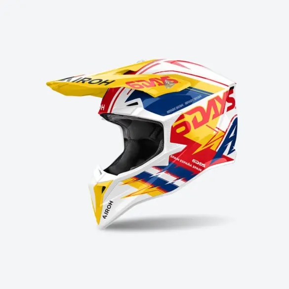 Airoh WRAAAP 6DAYS SPAIN 2024 Enduro-Helm in Weiß, Gelb, Rot und Blau mit prominenter 6DAYS Spanien-Aufschrift