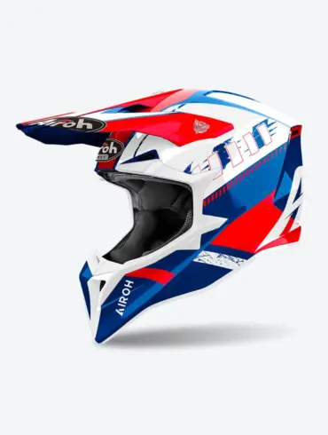 WRAAAP FEEL Motocross-Helm in blau, rot und weiß von der Seite