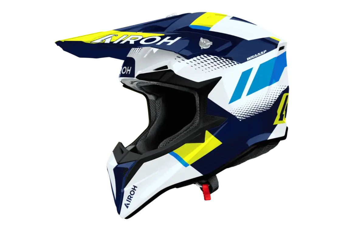 Airoh WRAAAP VISION Motocross-Helm blau gelb weiß Seitenansicht
