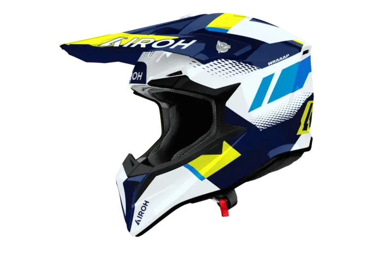 Airoh WRAAAP VISION Motocross-Helm blau gelb weiß Seitenansicht