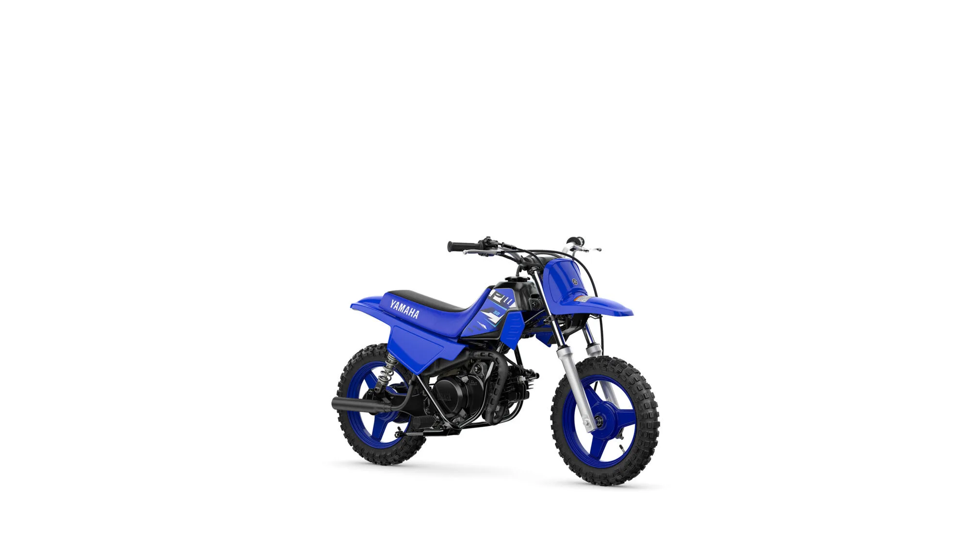 Yamaha PW50 Kinder-Motocross-Motorrad in Blau auf weißem Hintergrund