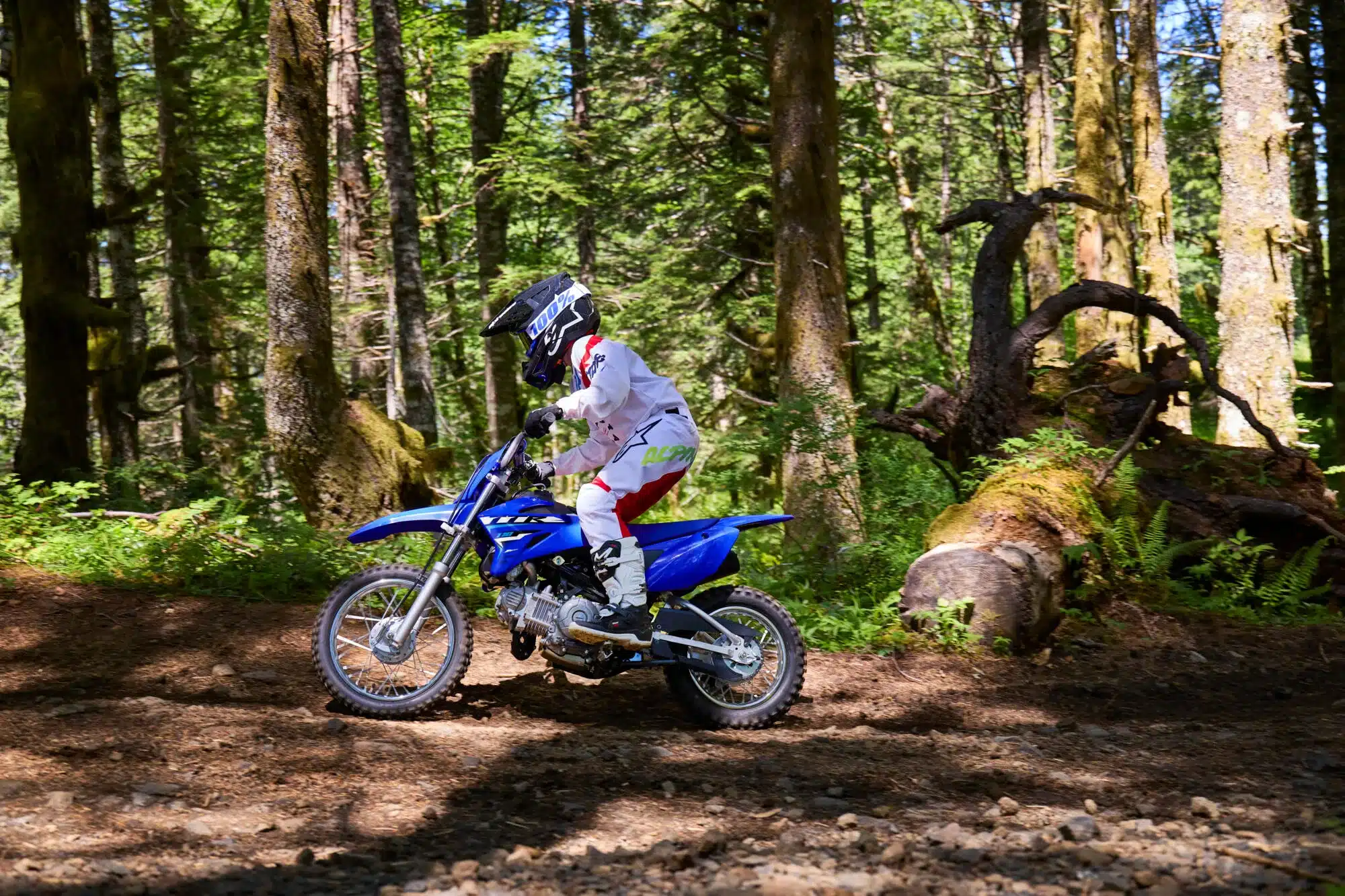 Jugendlicher auf Yamaha TT-R110 fährt Offroad-Strecke im Wald