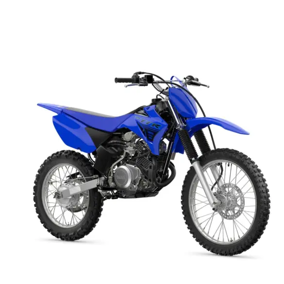 Yamaha TT-R125 Motocross-Motorrad in blauer Farbe mit Stollenreifen, Seitenansicht, freigestellt auf weißem Hintergrund.