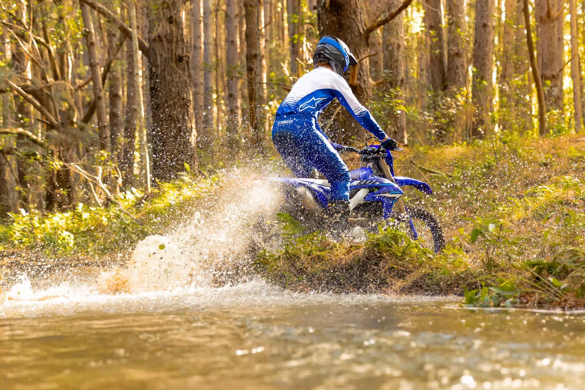 Fahrer auf einer Yamaha WR250F beim Durchqueren eines Bachs im Wald mit spritzendem Wasser.