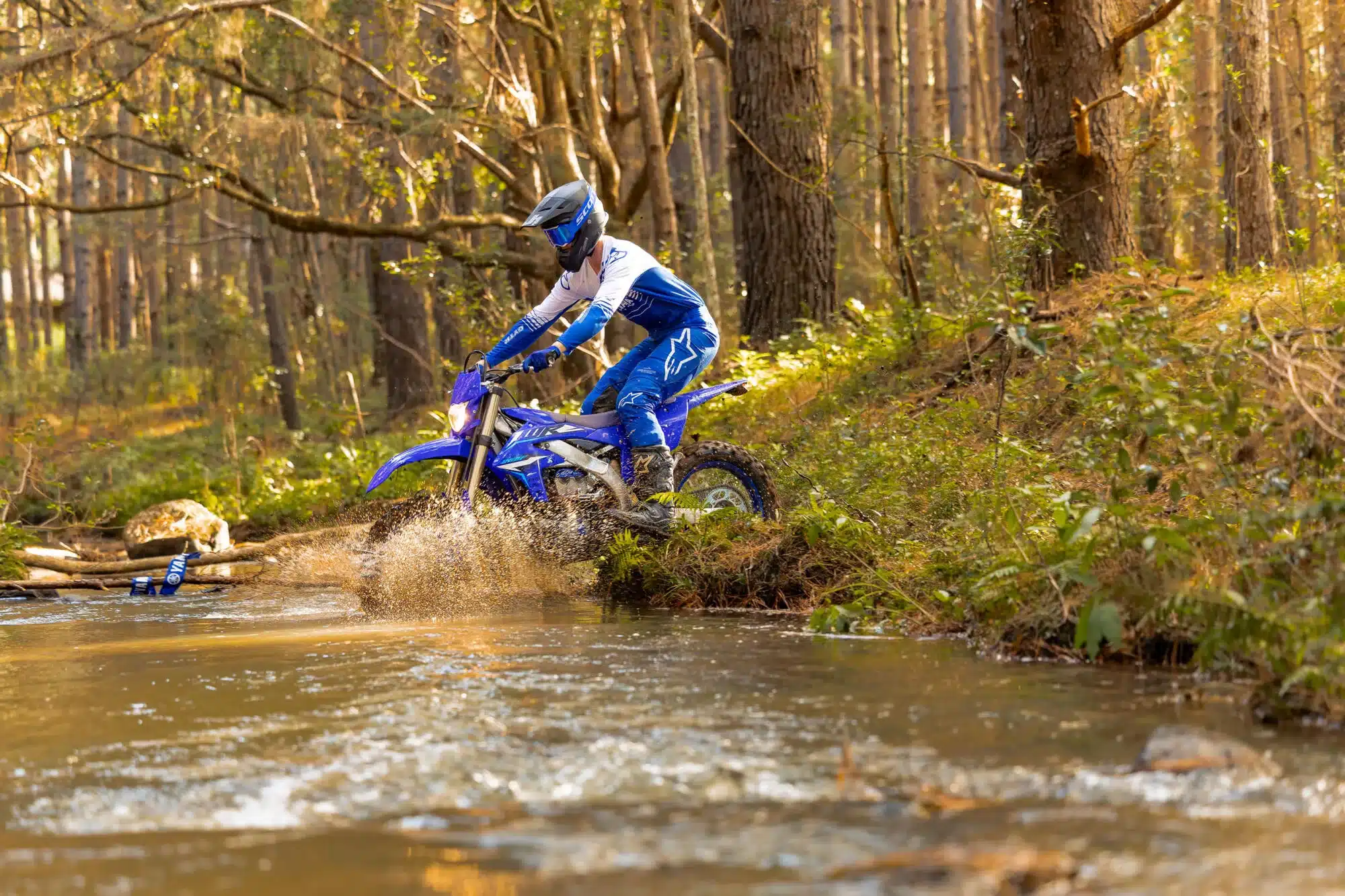 Yamaha WR250F Enduro-Motorrad fährt durch einen Bach im Wald, Offroad-Szene mit Fahrer in kompletter Schutzkleidung.