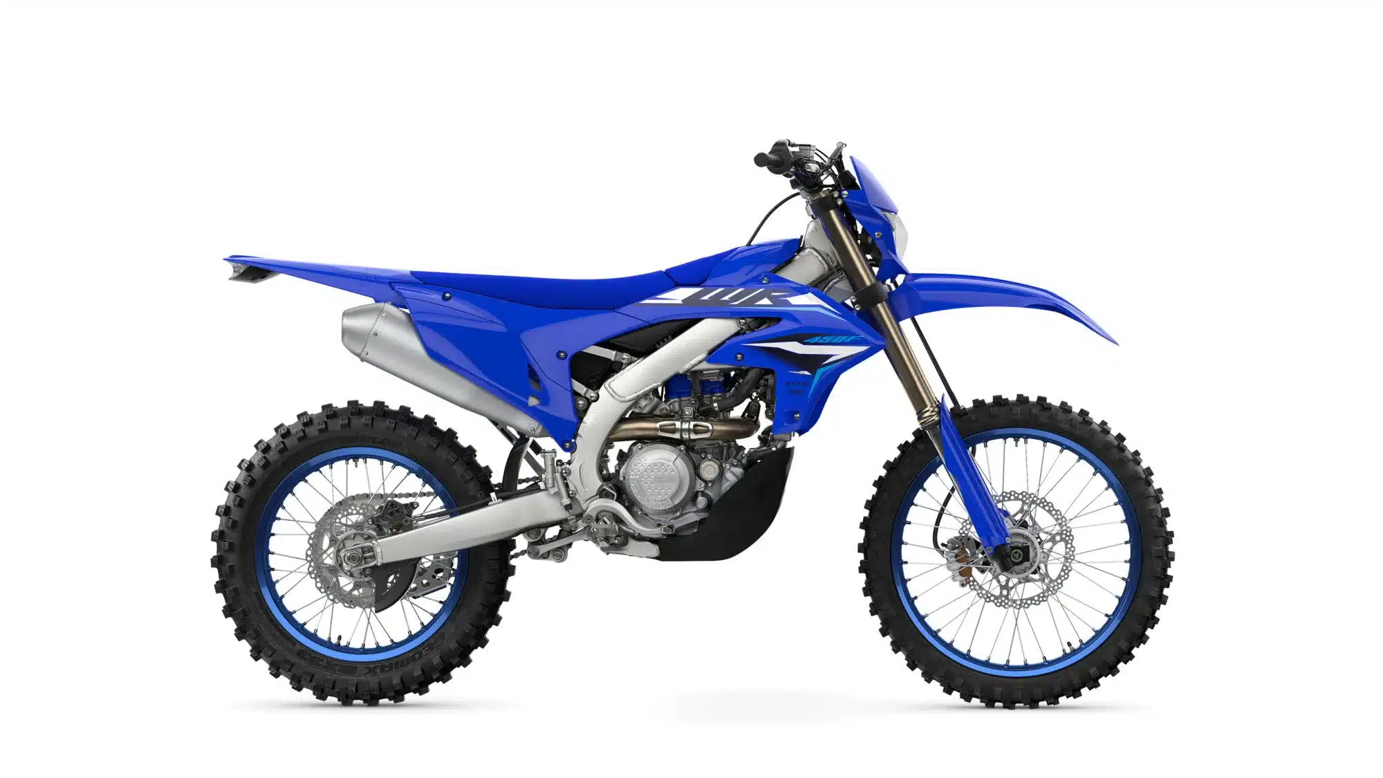 Yamaha WR450F Enduro Modell 2024 von der Seite, in Blau mit Aluminiumrahmen und Stollenreifen