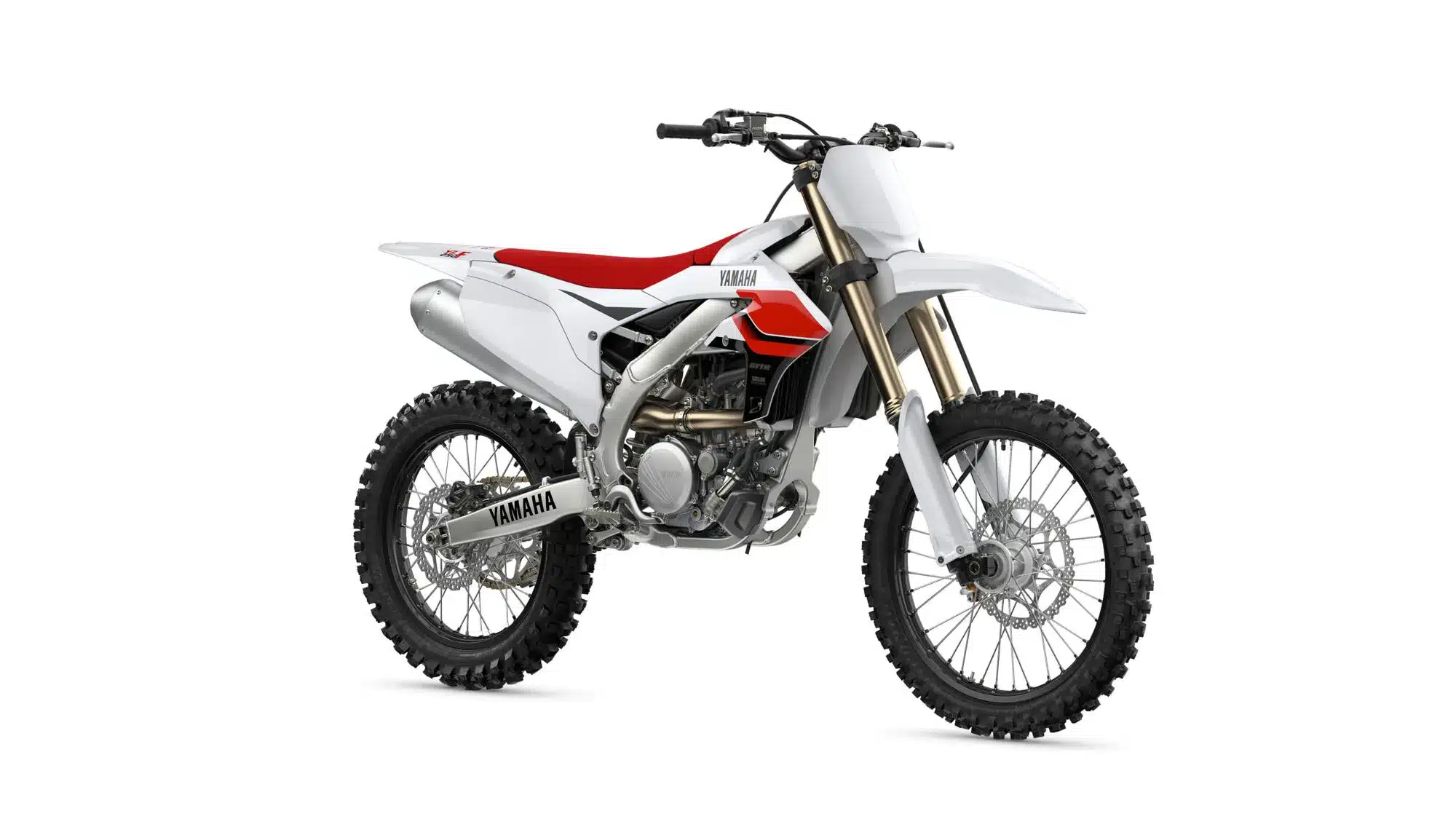Yamaha YZ250F 70th Anniversary Edition 2024, weiß-rotes Motocross-Motorrad mit speziellen Grafiken, Seitenansicht.