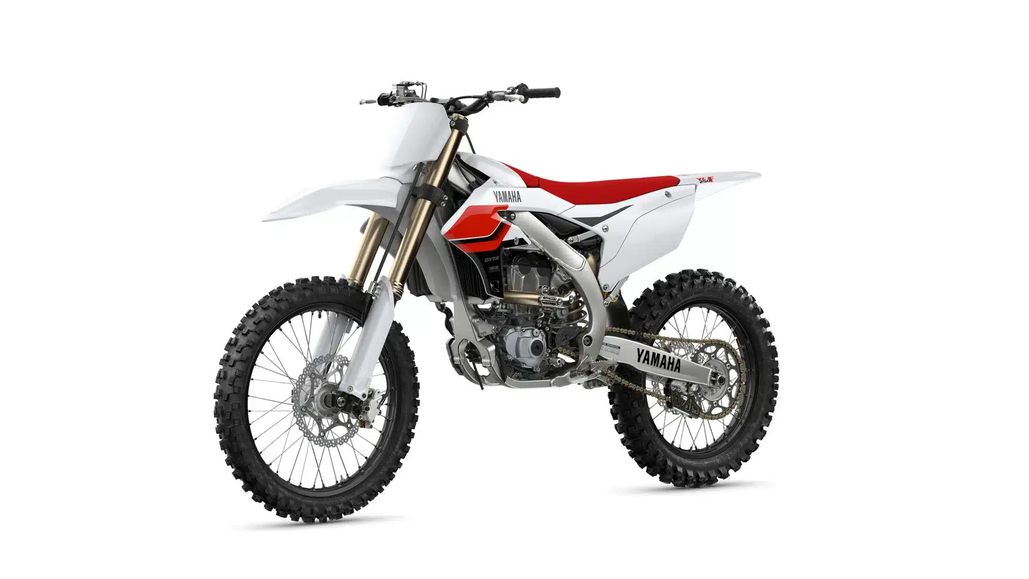 Yamaha YZ250F 70th Anniversary Edition, Competition-Motocross-Motorrad mit weiß-rotem Design und Aluminiumrahmen