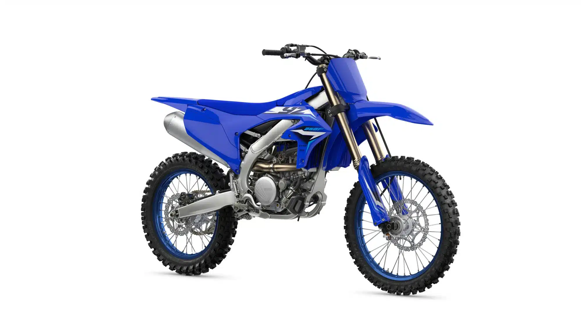Yamaha YZ250F Motocross-Motorrad, seitliche Ansicht, in Blau auf weißem Hintergrund