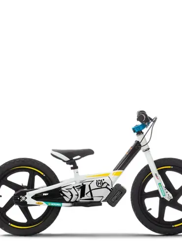 Elektrisches Kinder-Balance-Bike Husqvarna EE 1.16 in weißer Lackierung, seitlich fotografiert vor weißem Hintergrund