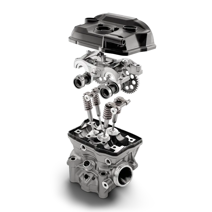 Explosionsgrafik des DOHC-Zylinderkopfs der Husqvarna FC 250 2026 mit Ventiltrieb und Komponenten.