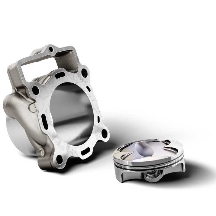 Aluminiumzylinder und geschmiedeter Kolben der Husqvarna FC 250 2026 auf weißem Hintergrund