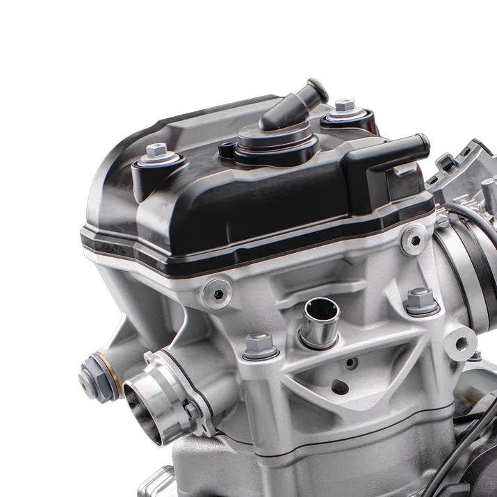 Motor der Husqvarna FC 350 mit DOHC-Zylinderkopf, Modell 2025, aus nächster Nähe