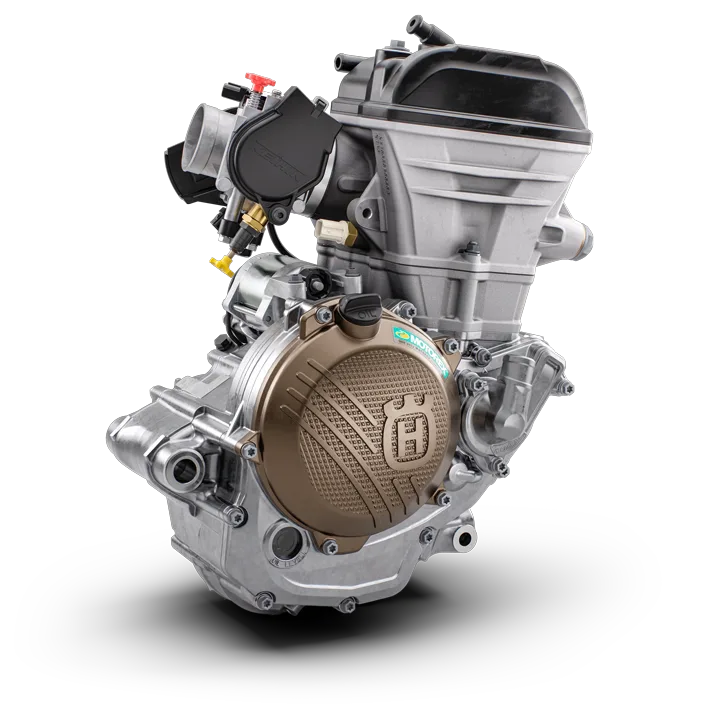 Motor der Husqvarna FE 350, Jahrgang 2026, Einzylinder-Viertakt, DOHC-Kopf, elektronische Einspritzung.